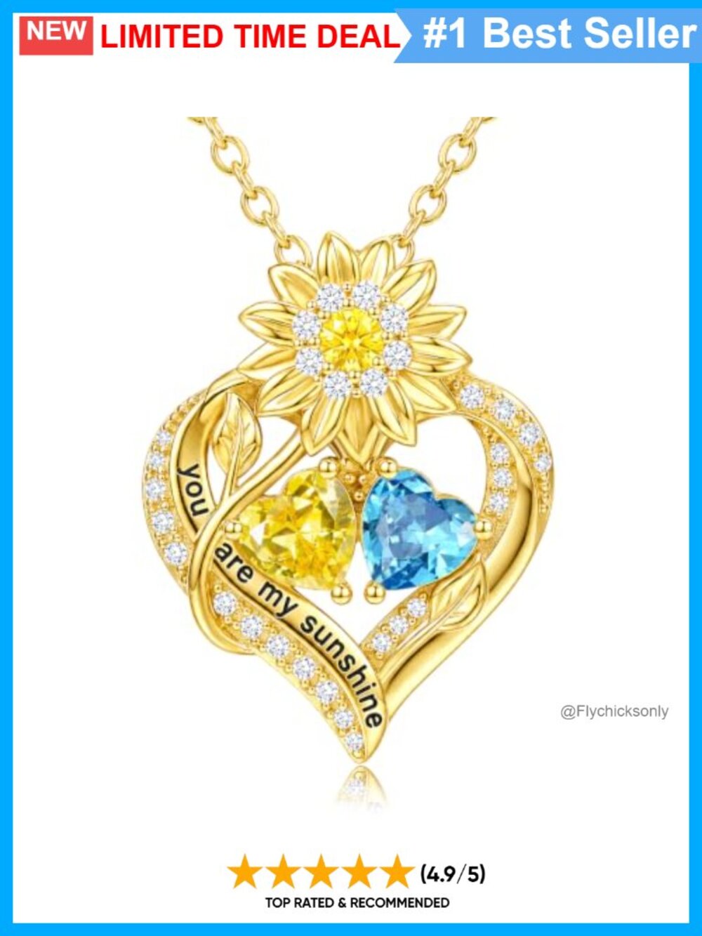 14K Gold Sunflower Double Birthstone Heart Pendant Necklace Adjustable